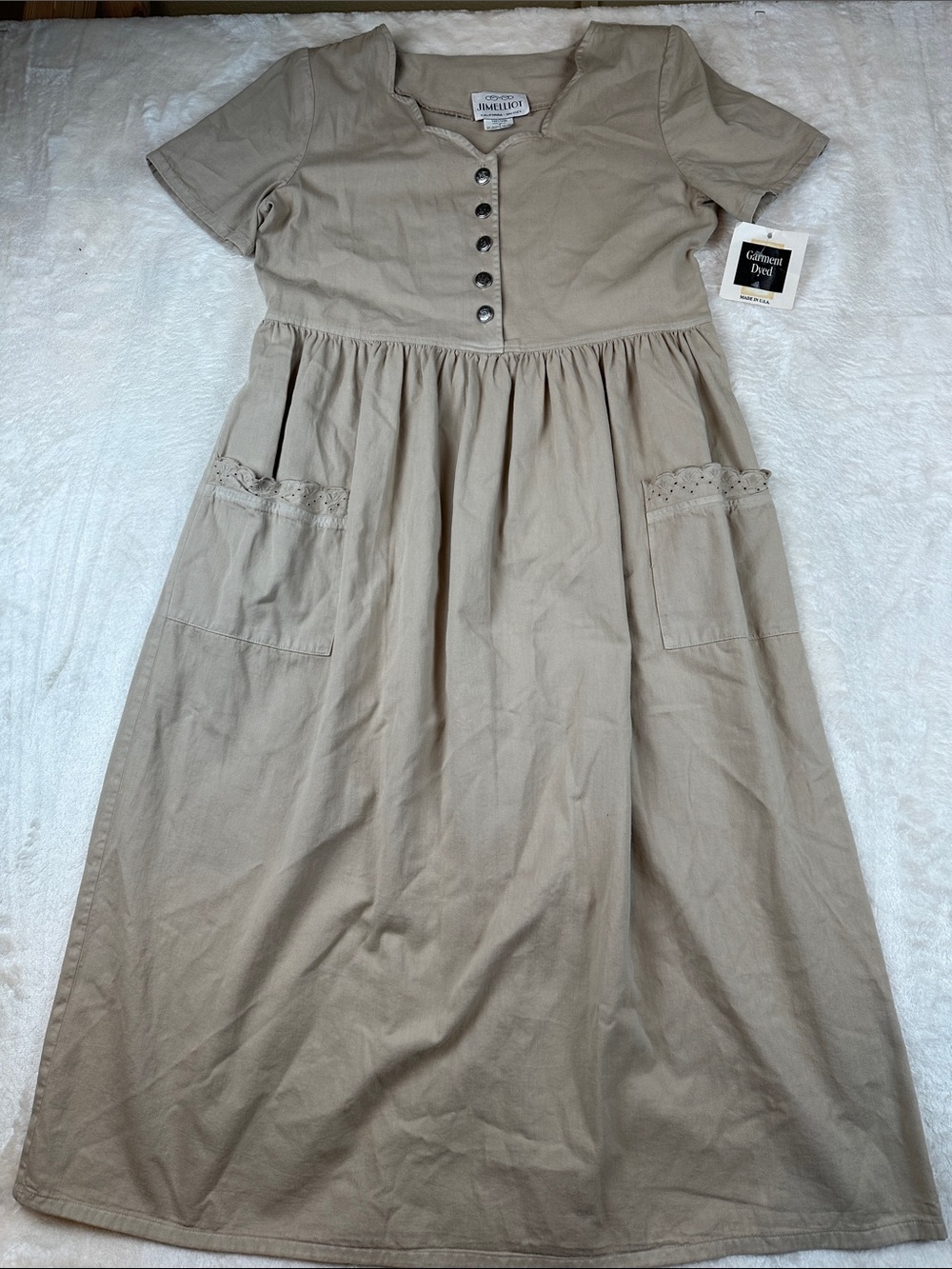 Jimelliot Size 6 Short-Sleeve Beige Button-Front Midi Dress with Pockets |Casual